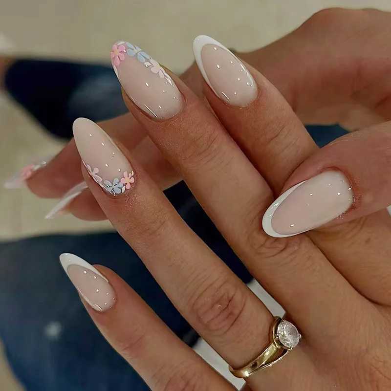 24Pcs Short Round Head Press on Fake Nails with Strawberry Flower Design False Nails Art Datachable Almond Full Cover Nails TipsT251118T251119