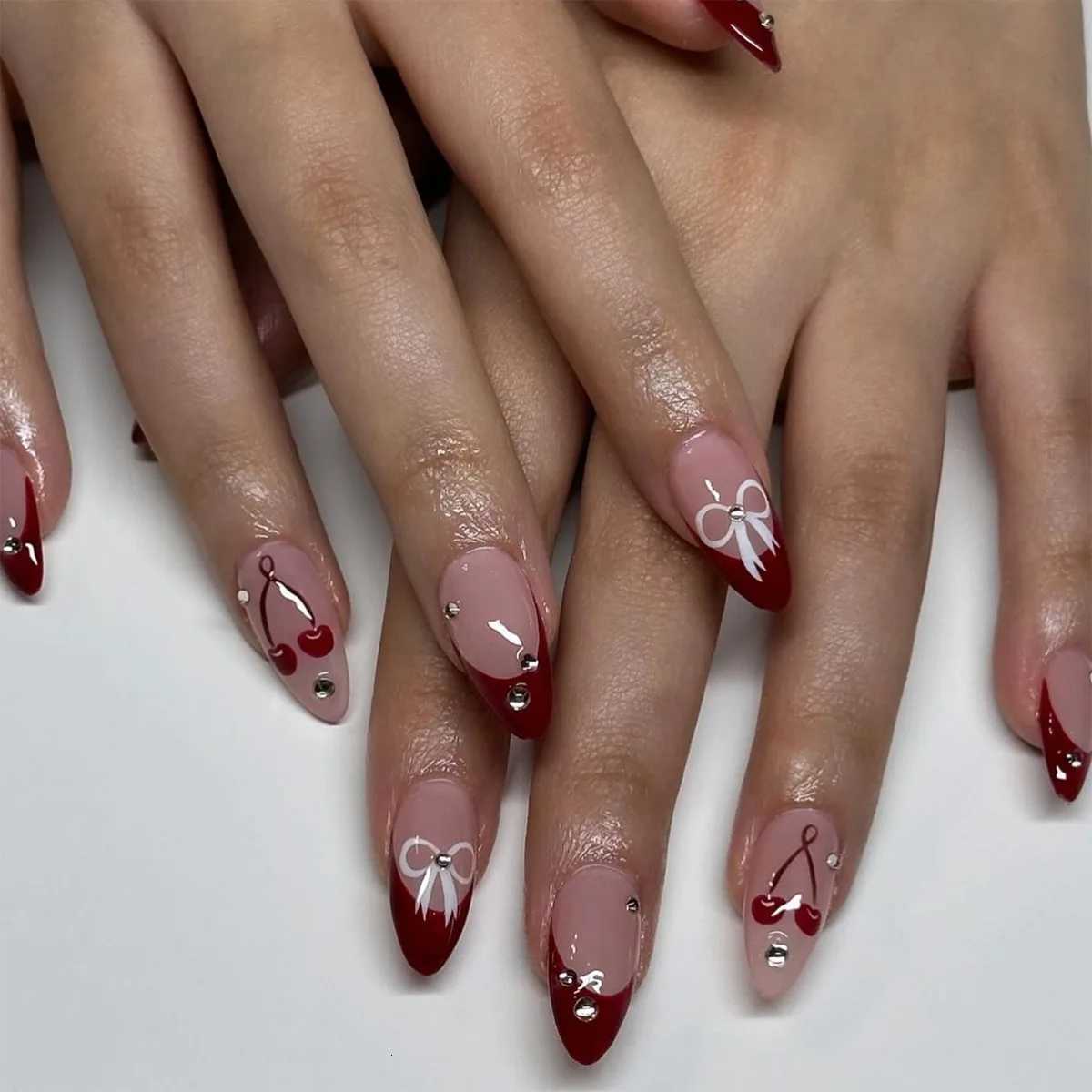 24Pcs Short Almond Full Cover False Nails Tips with Pink Smudge 3D Flower Design Press on Nails Pearl Detachable Fake Nails ArtT251118T251119