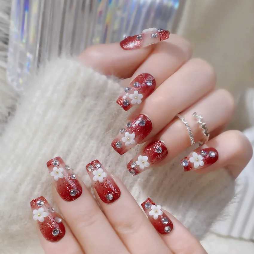 Long Ballet Press on Nails Red Rose Flower Designed Full Cover Fake Nails French Style Wearable False Nails Tips for WomenT251118T251119