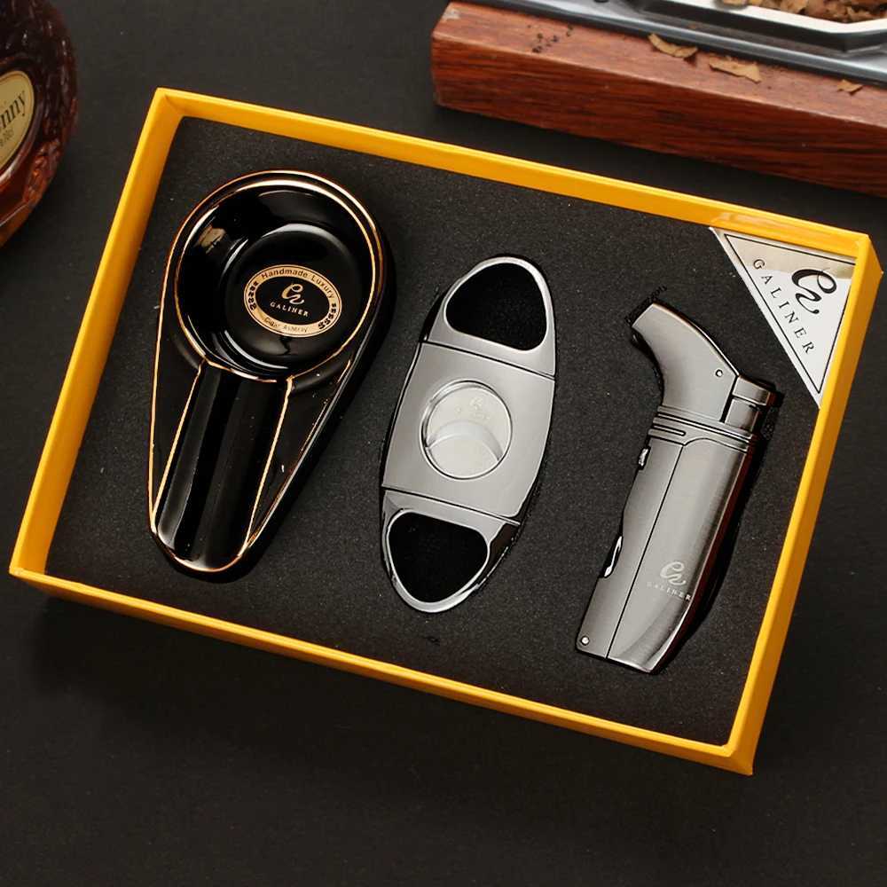 GNER Travel Cigar Accessories Set Metal Butane Gas Lighter Cigar Cutter Tobacco Guillotine Home Ceramic Cigar AshtraysC250419