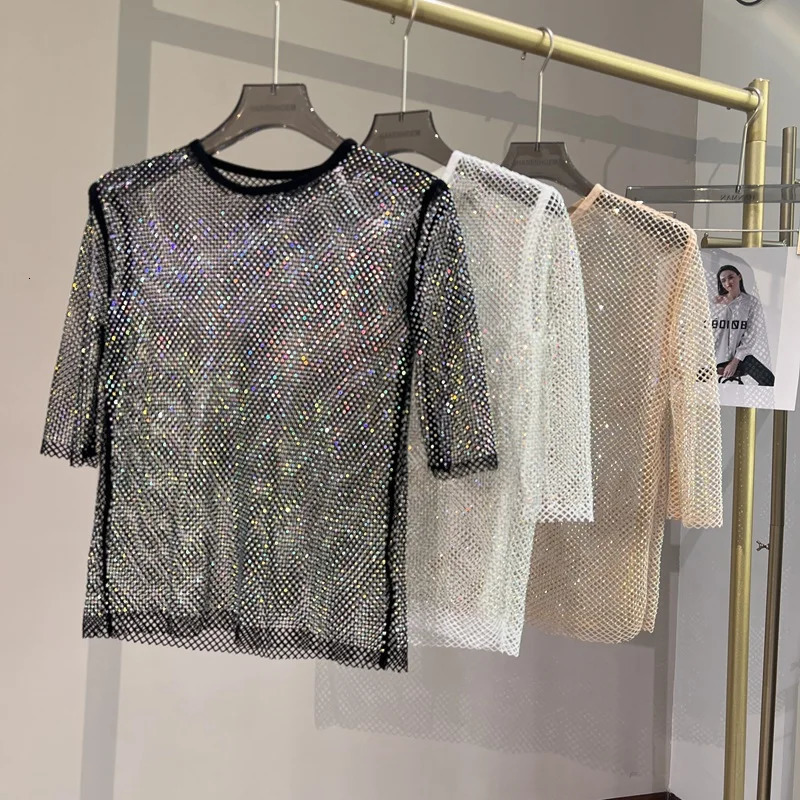 Mesh Diamonds Crystal Short Top Diamonds Super Fairy Inner Party Unlined Shiny Hollow Out Bottom Shirt 250415