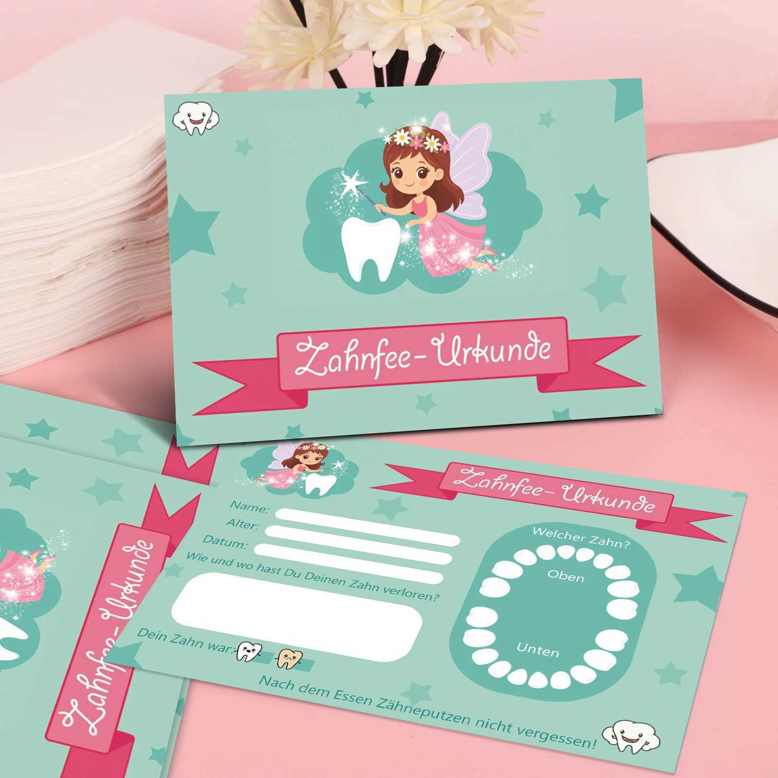 12pcs Tooth Fairy Certificate Zahnfee Urkunde Tooth Loss Commemorative Card with Green Background and Tooth Fairy Pattern Name G251119
