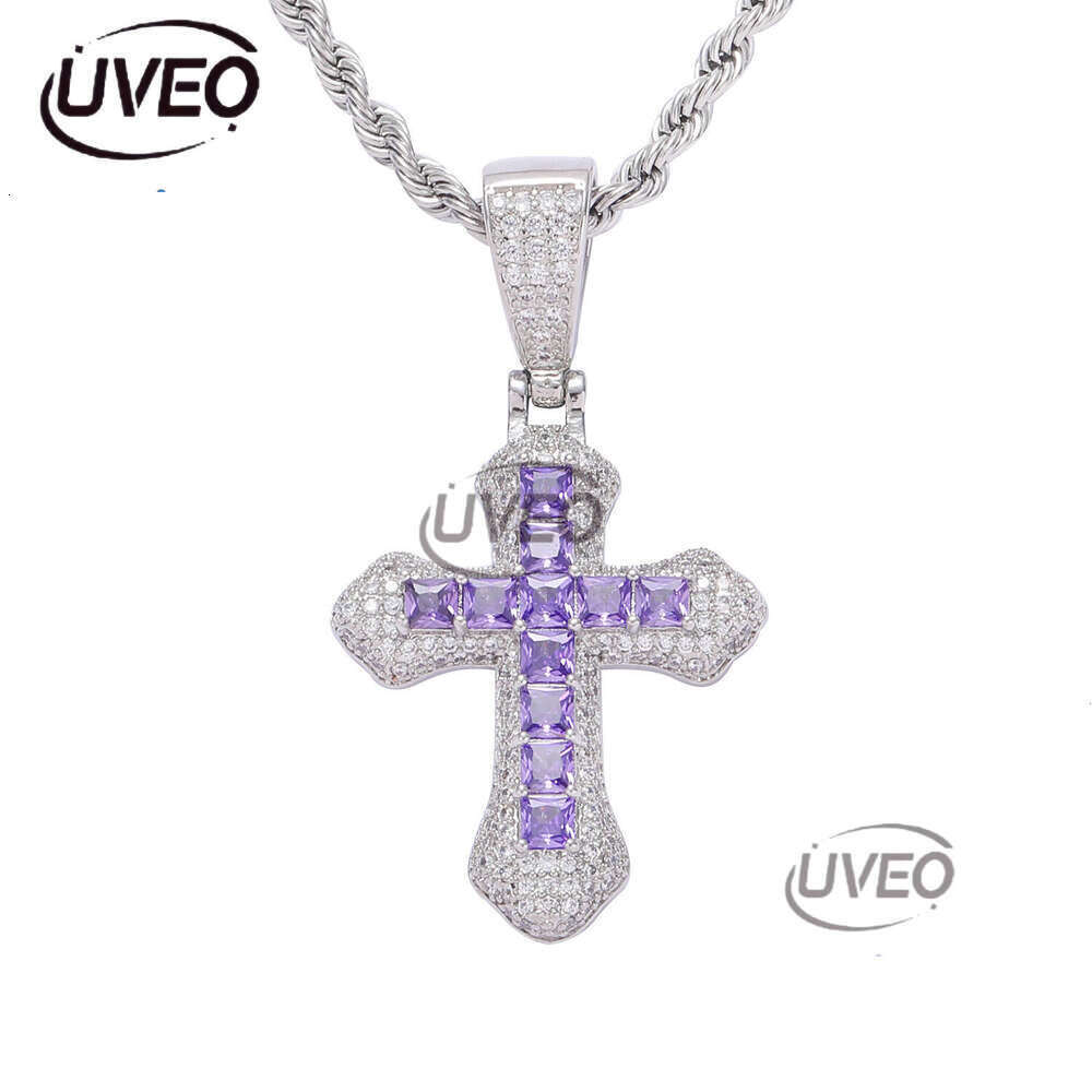 Luxury designer Pendant Purple Ice Out VVS Moissanite Pendant Men Women Cross Hip Hop Necklace with FREE shipping