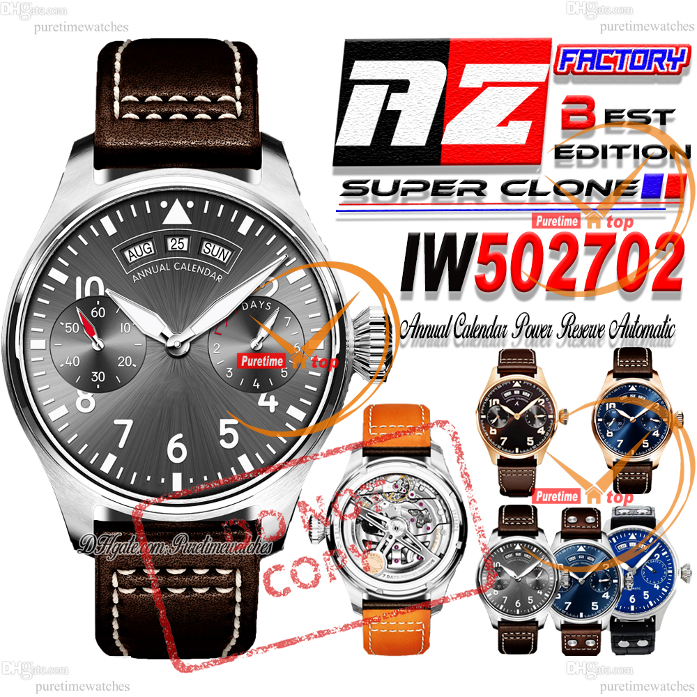Spitfire 502702 Annual Calendar A52850 Automatic Mens Watch AZF Power Reserve 46mm Steel Case Gray Dial Brown Leather Strap CHS Puretimewatches