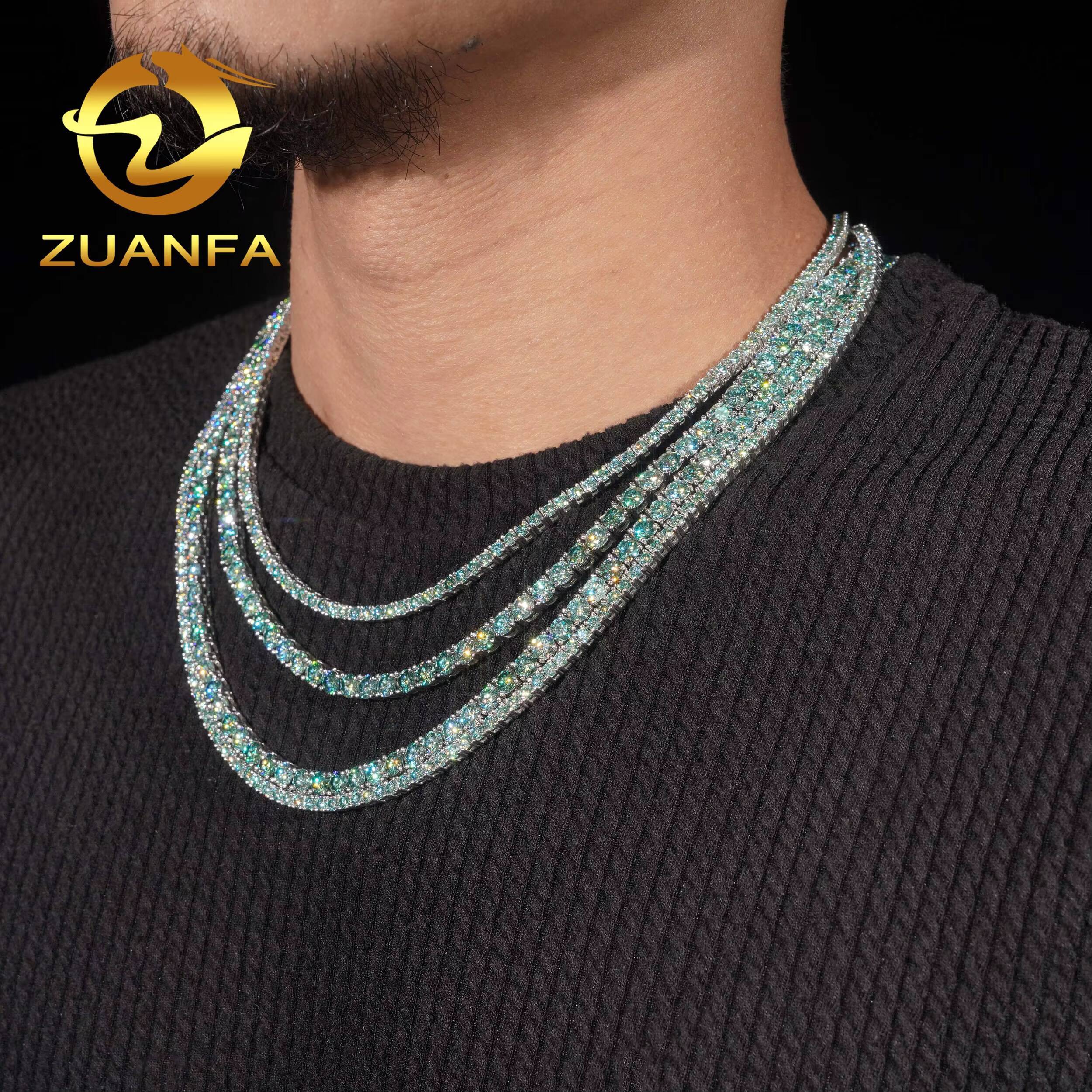 Pass Diamond Tester Hip Hop 925 Silver Color Blue Green Moissanite Diamond Tennis Chain Necklace