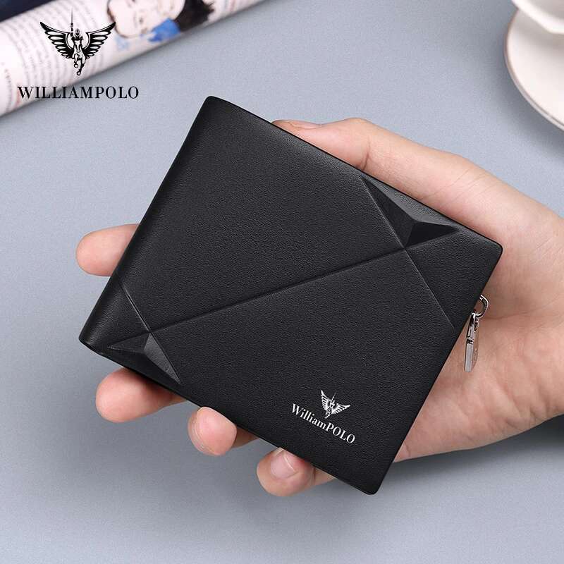 WILLIAMPOLO Men's Genuine Leather Coin Purse Casual Design Bifold Mals Brand Short Slim Wallet