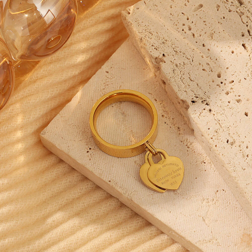 Stainless Steel Gold-Plated Forever Love Peach Heart Pendant Women's Ring Jewelry