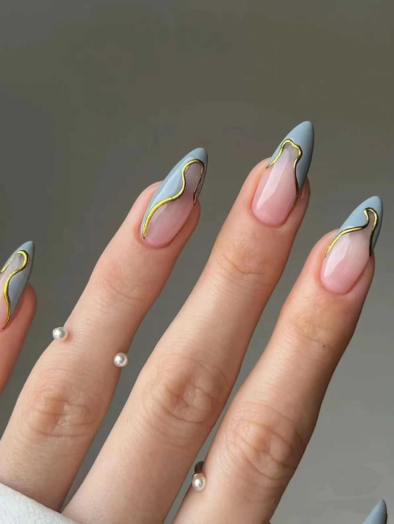 24 Pieces Long Almond Irregular Frenchstyle Pattern ABS Full Cover Glossy False NailsT251118T251119