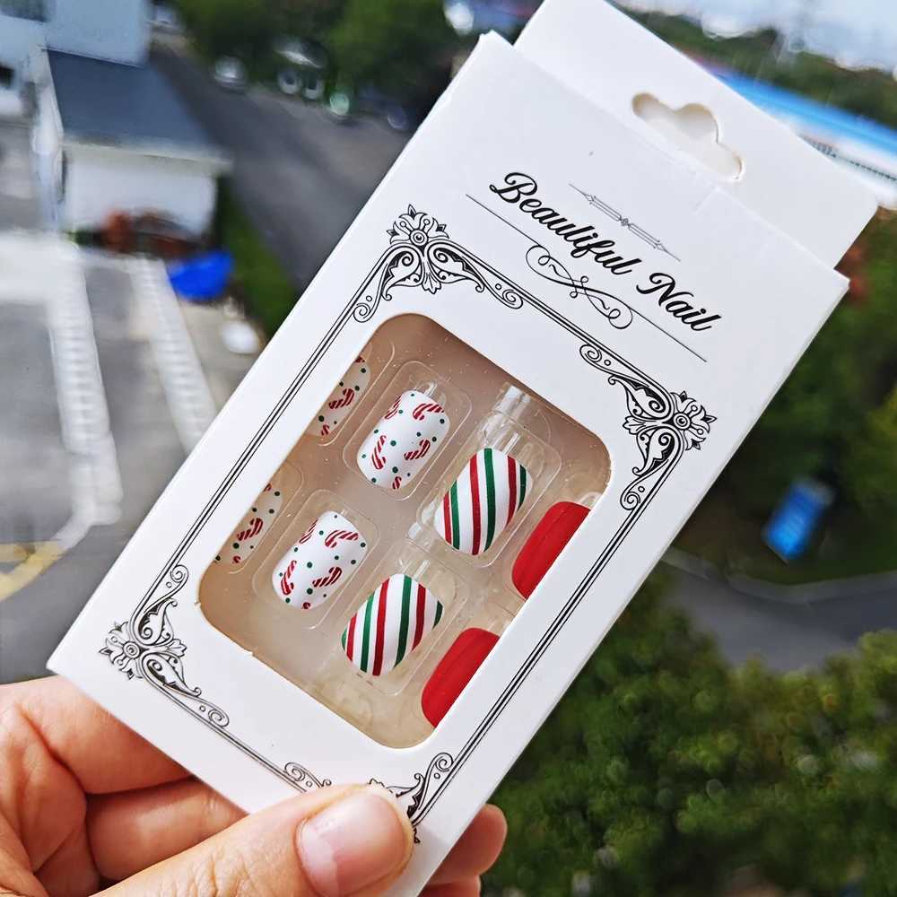 24Pcs/box Christmas Square Round Fake Nails Colorful LineRound Dot Press On Nails Full-Cover Short Square Glossy Xmas Nail TipsT251118T251119