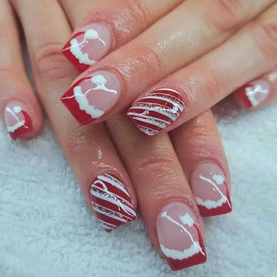 24pcs Shiny Powder Full Cover Nail Art French Red Short Square Fake Nails Christmas Snowflake False Nail Reusable Press on NailsT251118T251119