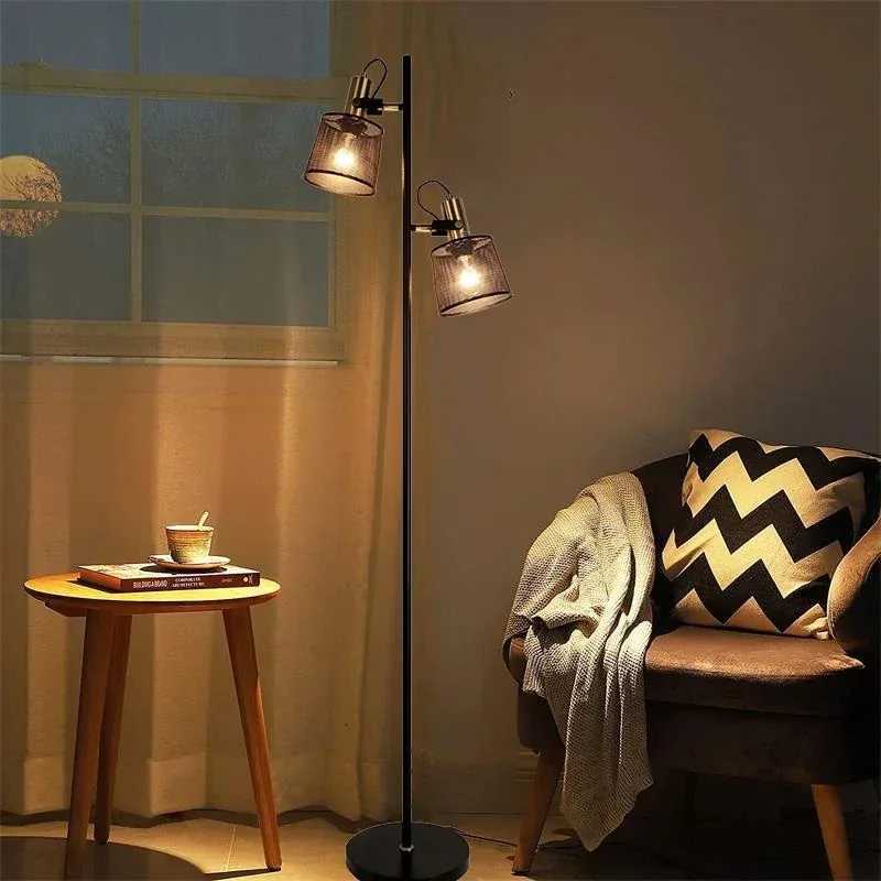 Nordic Vintage LED Floor Lamp Rotundity Grid Lampshade Foot Switch Rotable Living Room Bedroom Restaurant Kitchen Standing Light M251119