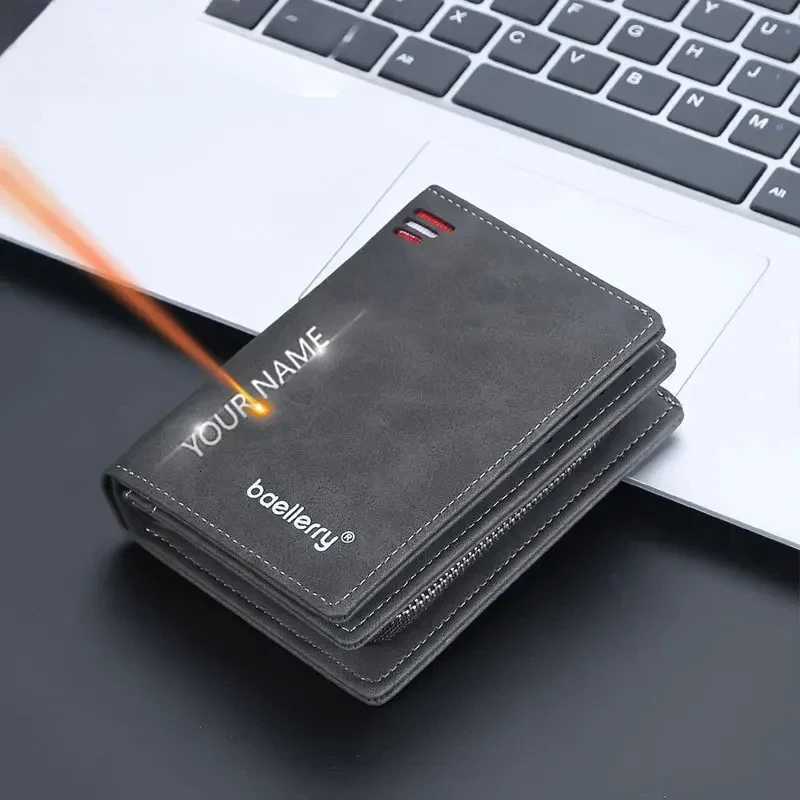 Mens Custom Name Engraved Wallet - Personalized Card Holder with Zipper Coin Pocket Photo Insert - Short Leather Gift for HimT251119