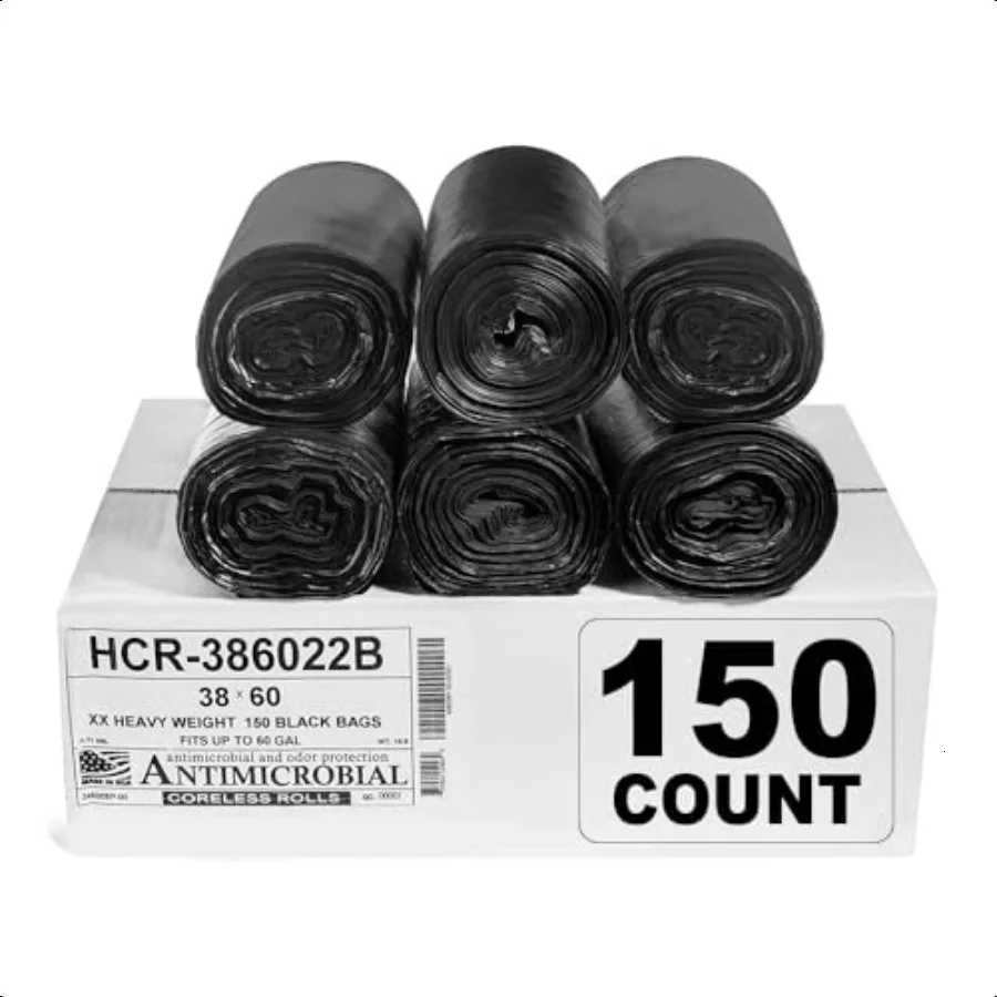 High Density Trash Bags 60 Gallon 150 Count 22 Micron eq 38 x 60 Black for Bathroom Office Industrial Commercial Janitorial Mun C251119