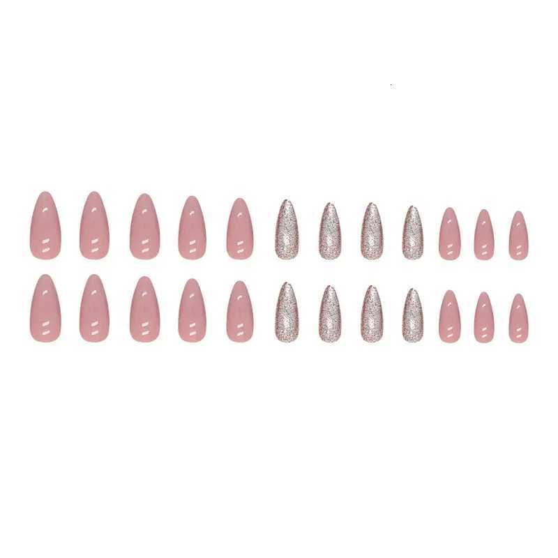 24pcs Solid Bean Pink Almond Glitter Medium Long Nails Press on False Nails with Glue Reusable Woman Artificial Fake Nail TipsT251118T251119
