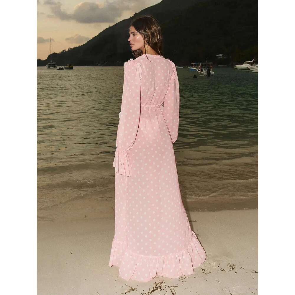 Summer Elegant Pink Dot Print Sexy Women Swimsuits Lace up Bell Sleeve Beach Vacation Swimsuit Cover Ups Dresses C