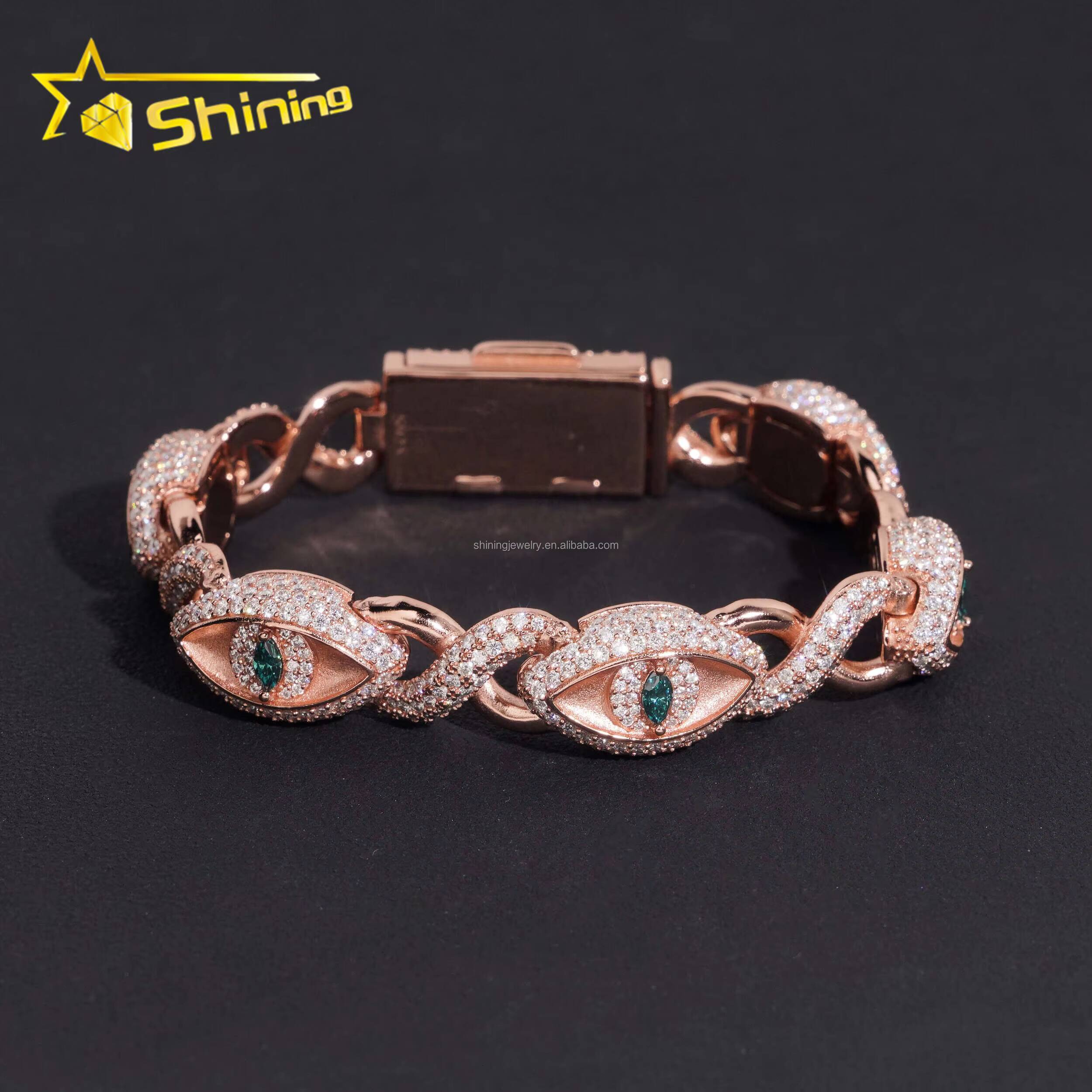 New Design 12mm Jewelry Hip Hop Green White Marquise Moissanite Diamond Iced Out S925 Silver Infinity Evil Eyes Cuban Bracelet