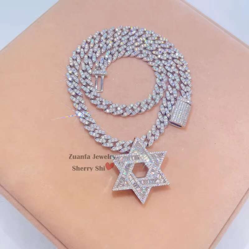 Hip Hop 8mm Moissanite Cuban Chain With Moissanite Iced Out baguette Diamond David Star Pendant