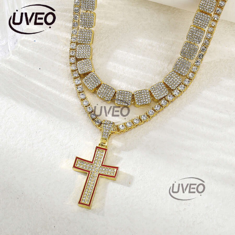 German Baguette Moissanite chic fashion jewelry Iced eye-catching pearl 925 sterling silver Gothic cross chain necklace Free delivery