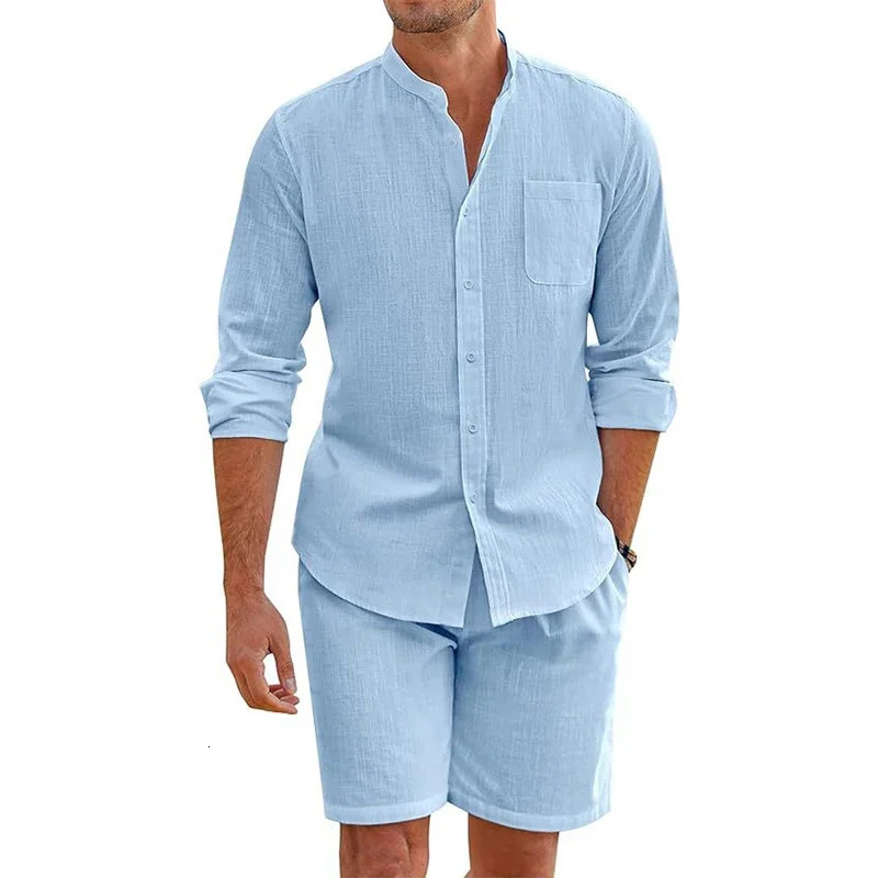 Daily Casual Breathable Cotton Linen Outfits Mens Vintage Stand Collar Button-up Shirts And Shorts Sets For Men Clothing Summer 250418