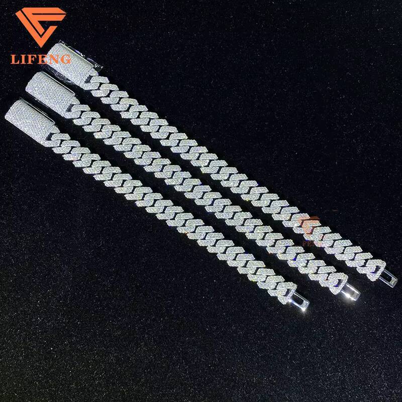 8mm 10mm 12mm 14mm Moissanite Cuban Link Chain 2-Row 925 Solid Sterling Silver Hip Hop Bracelet VVS Moissanite Diamond for Gift