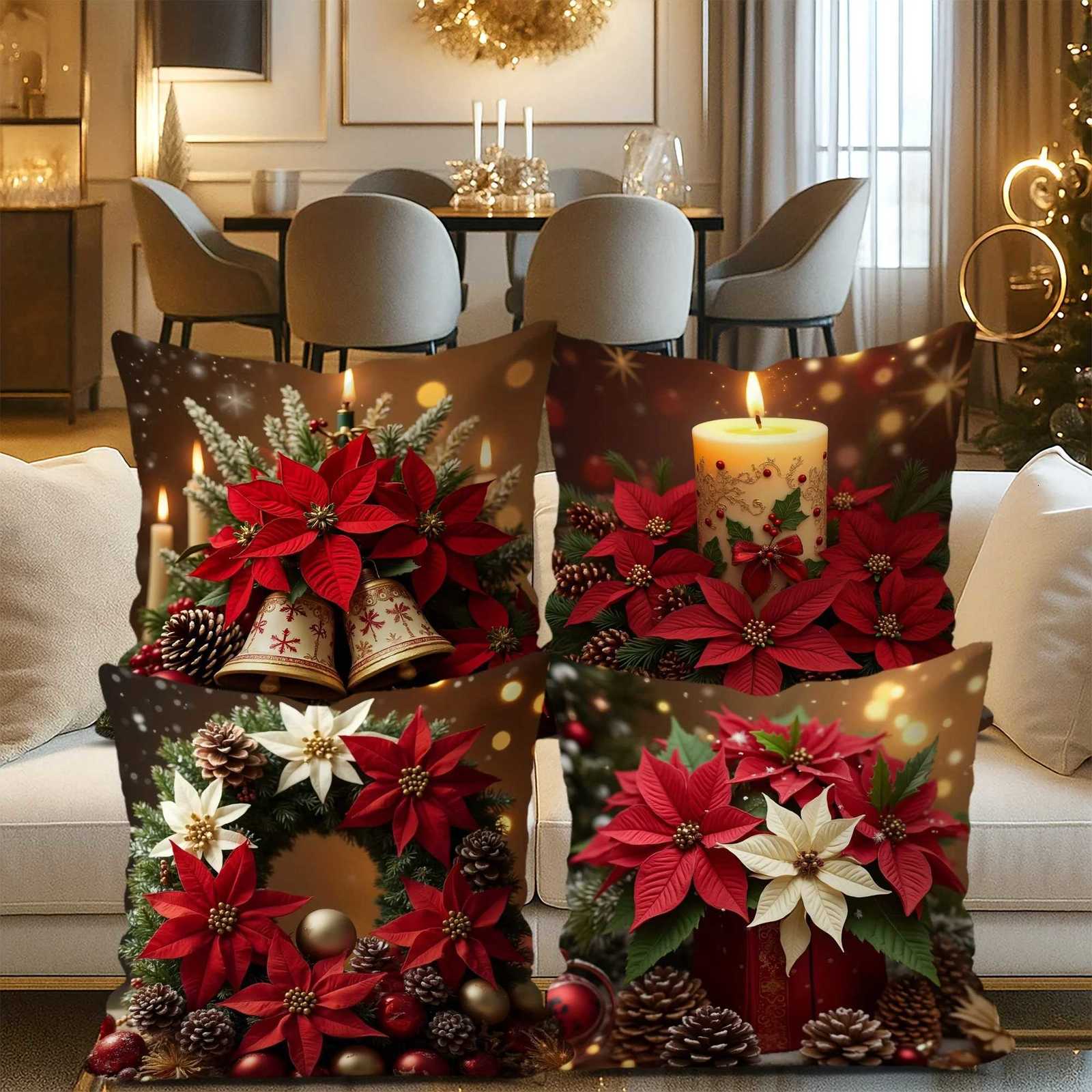 4pcs Christmas Decorative Red and White Floral Candle Covers Vintage Style 2D Flat Printed Velvet Cushion Cases for LiviM251119