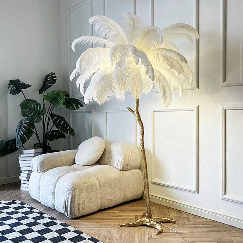 Nordic Ostrich Feather Led Floor Lamp Resin Copper Living Room Home Decor Standing Light Indoor Lighting Bedroom Bedside Lamps M251119