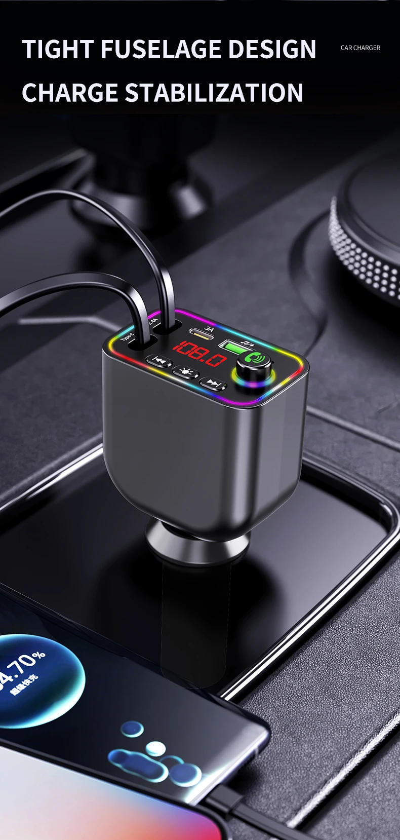 Car Charger BT 5.3 FM Transmitter Car Kit MP3 Modulator Player Handsfree Audio Receiver With Phone Type-C Charge Cable Cf02