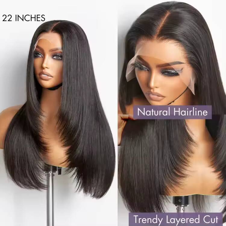 12A Grade Virgin Hair Layered Cut Silky Straight Human Hair Wigs Mid Side C Part Highlight Colored Closure Glueless Wig