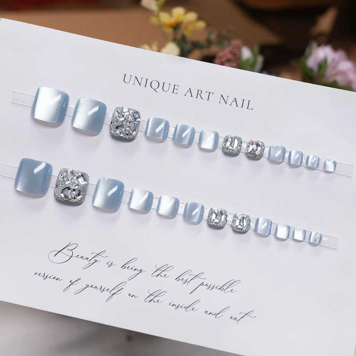 24PCS Flash Light Blue Fake Toe Nails Cats Eye Full Diamond Decor Short Square Foot Nails y2k Press On Removable False ToenailsT251118T251119