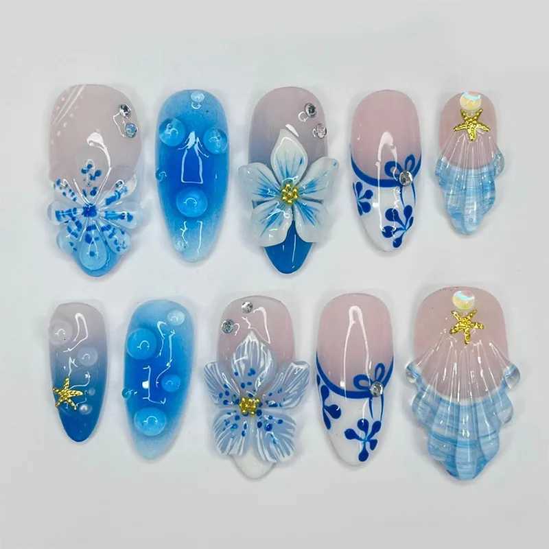 24Pcs 3D Shell Starfish French False Nails Press on Mid-length Almond Pearlescent Design Fake Nails Wearable Full Cover Nail TipT251118T251119