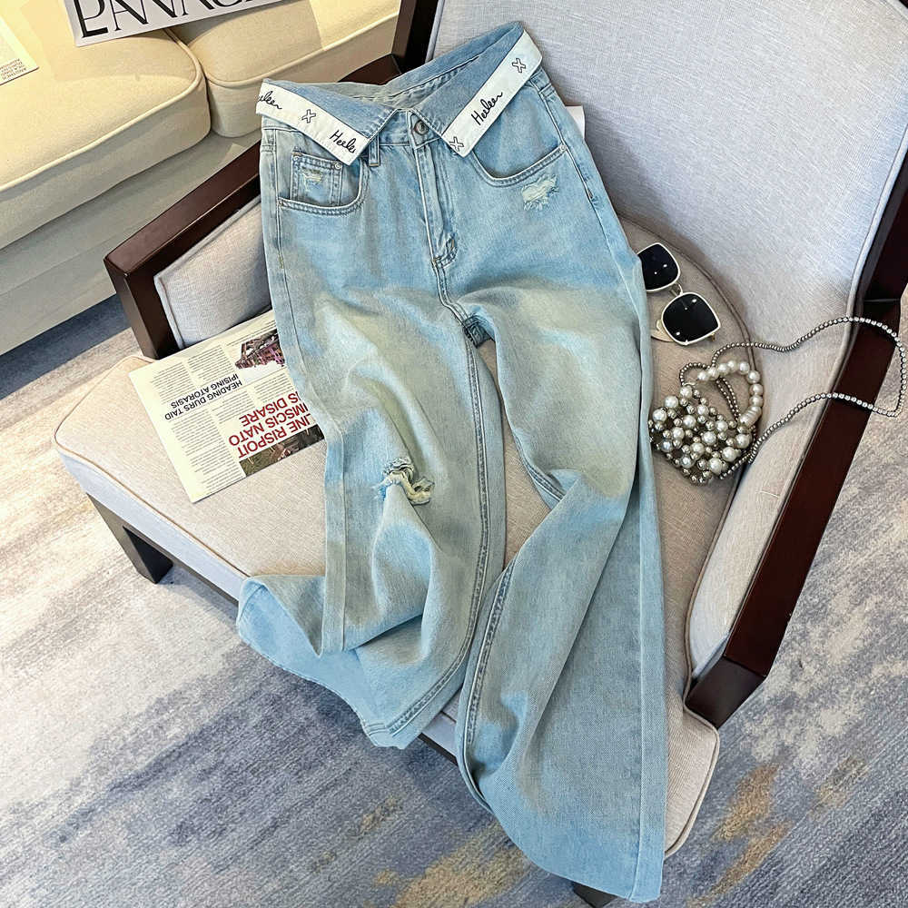 Thin, design-oriented Japanese-style folded letter waistband high-waisted loose slim-fitting denim trousers wide-leg pants L251119