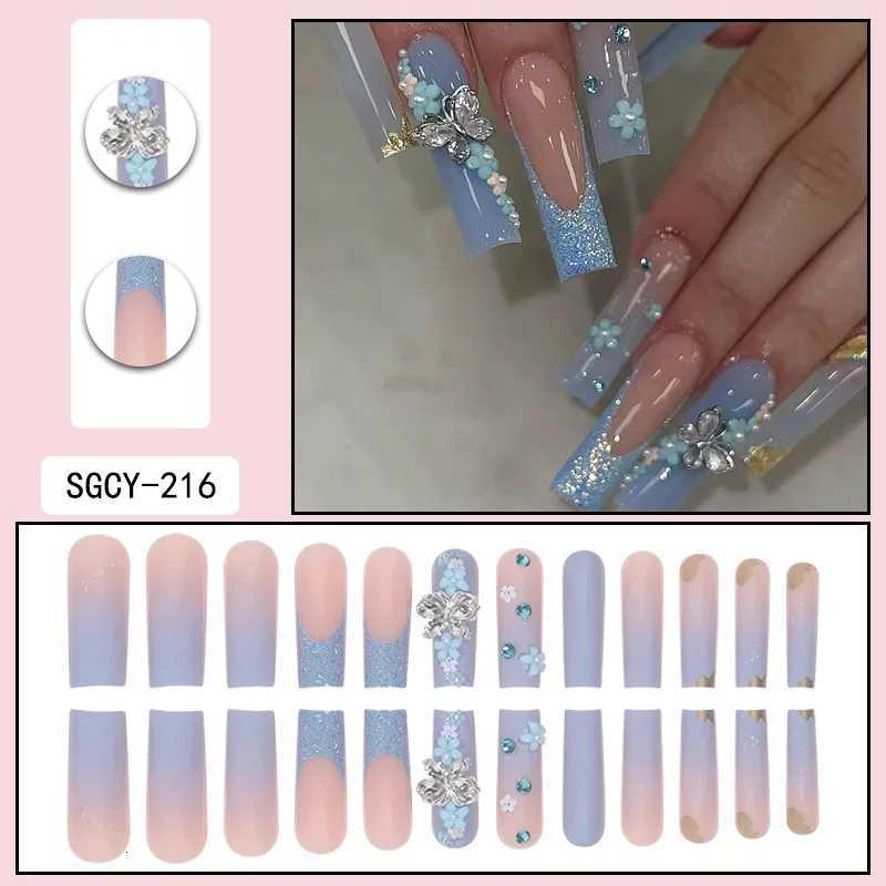 24 Piece Long Coffin Blue Frenchflower Pattern Fake Nails ABS Full Cover Glossy Fake Nails Summer CollectionT251118T251119