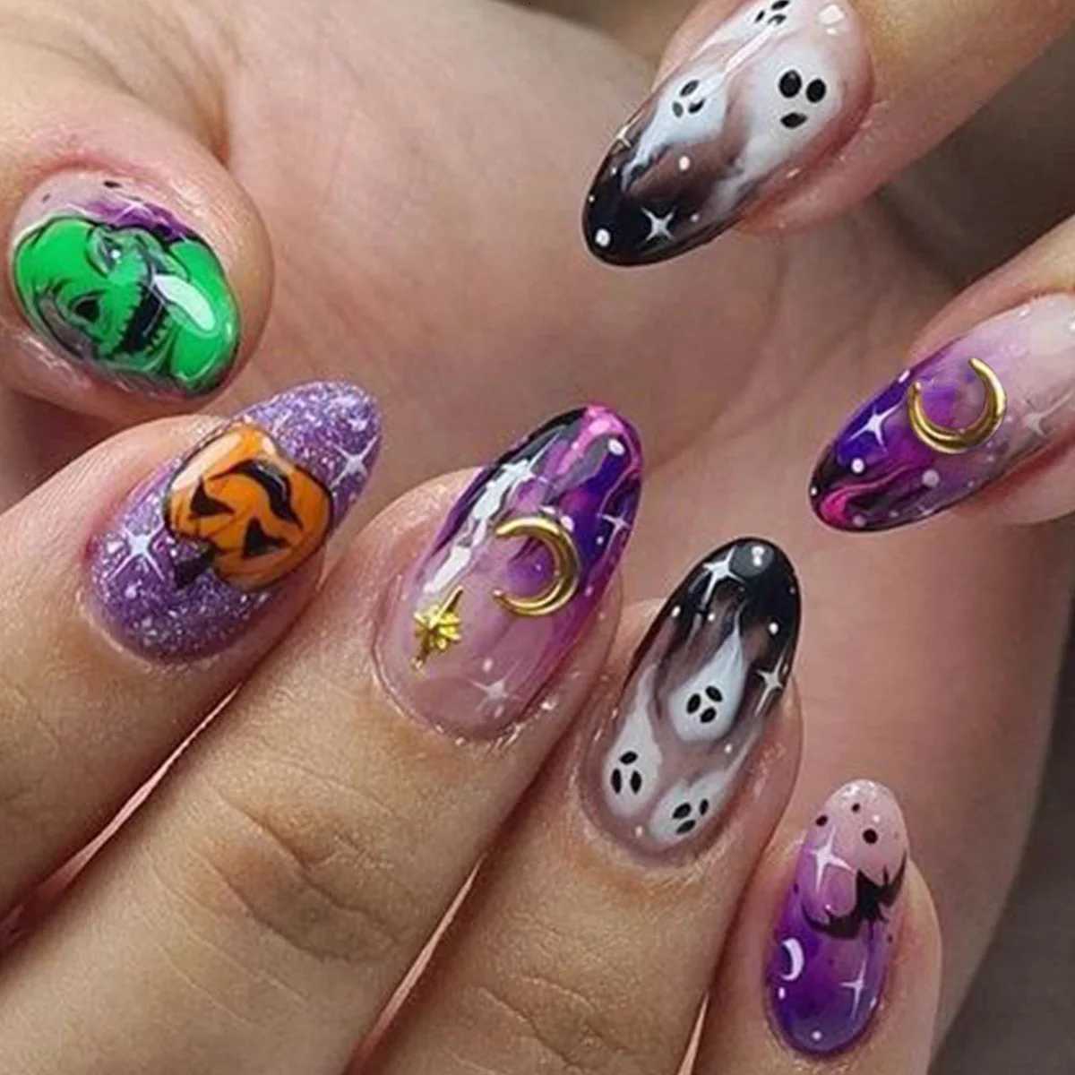 24Pcs Halloween False Nails Ghosts Bats Fake Nails Short Square Press on Nails Full Cover Nail Tips Manicure ToolsT251118T251119