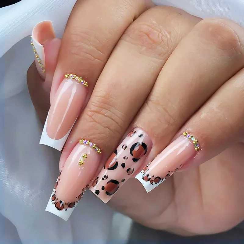 24Pcs Long Square Press on Nails Leopard Print French 3D Cherry Design False Nail Rhinestone Wearable Full Cover Fake Nails TipsT251118T251119