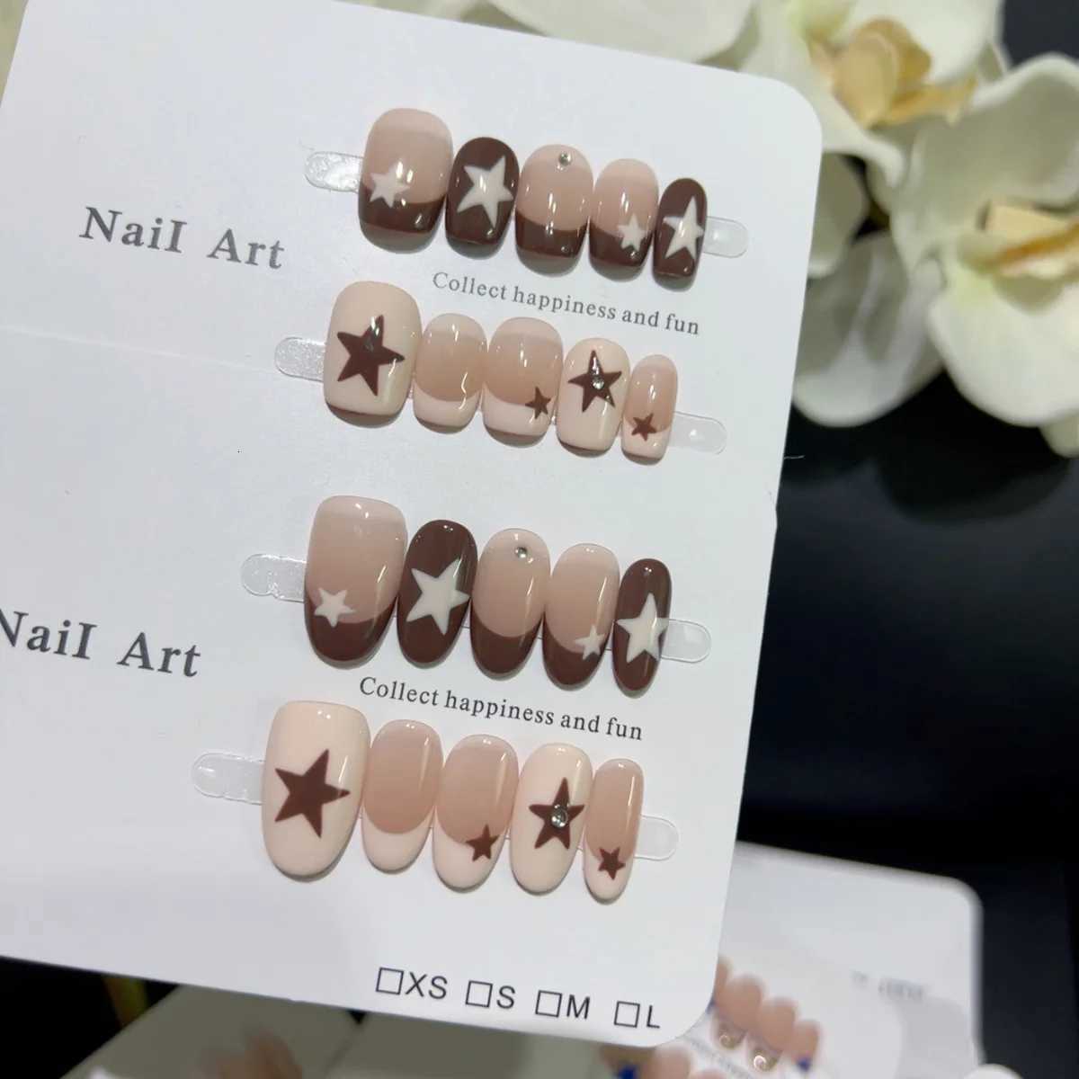 10pcs Handmade French Short Press On Nails Milk Coffee Color Star Design Y2K Fake Nail Wearable Nail Art Tips for GirlsT251118T251119