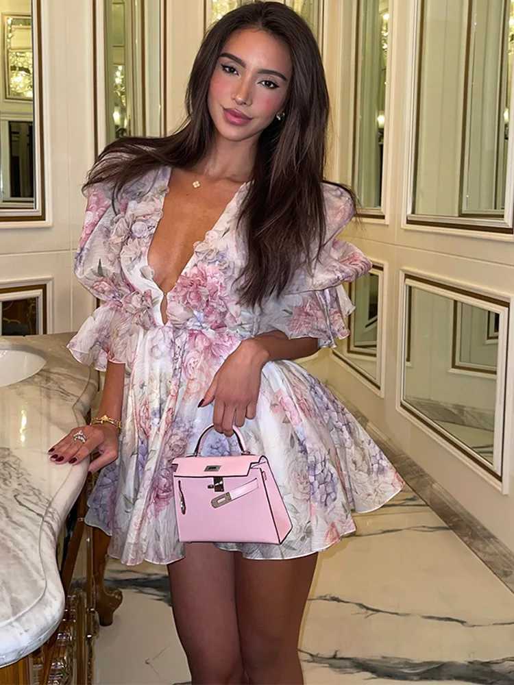 Womens tie dye 3D floral deep V-neck sparkling sleeve mini dress fashionable ultra-thin printed multi pleated Vestidos new womens holiday clothing M25