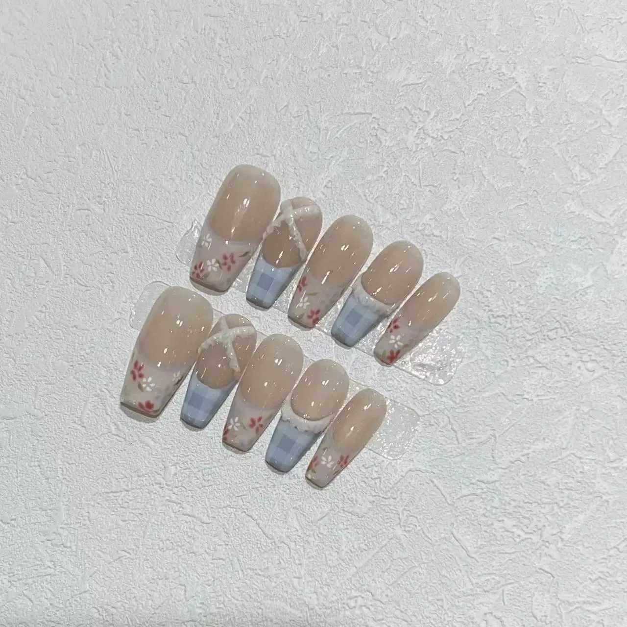 10PCS Flowers Plaid French Handmade False Nails 3D Stripe Decor Long Ballet Press On Nails Nude Sweet Spring Fake Nails WearableT251118T251119