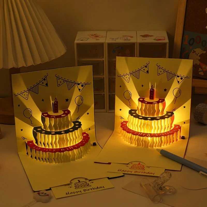 3D Birthday Cake Cards with Music Light Happy Birthday Pop-Up Greeting Postcards Gifts with Envelope Invitations for Kid Girl G251119