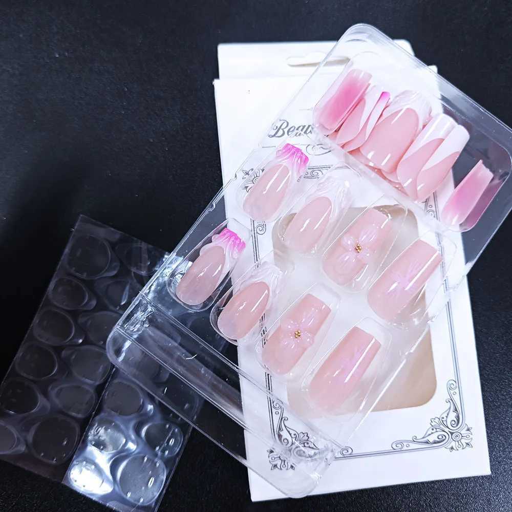 24Pcs/boxed Gradient Pink Flowers Fake Nails With 3D Carving Blossom Flowers Press On Nails Christmas Wearable False Nail SetsT251118T251119