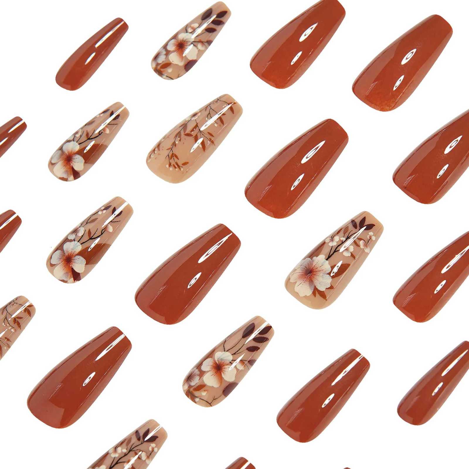 24Pcs Glossy Brown Fake Nails Autumn Almond Press On Nails with Gold Color Leaf Designs Full Cover Stick-on False Nails PatchesT251118T251119