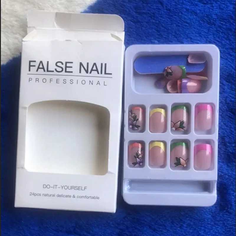 24pcs Short Square Press On Nails With Flower Design French Tip Fake Nails Spring Summer Full Cover False Nails For Women GirlsT251118T251119