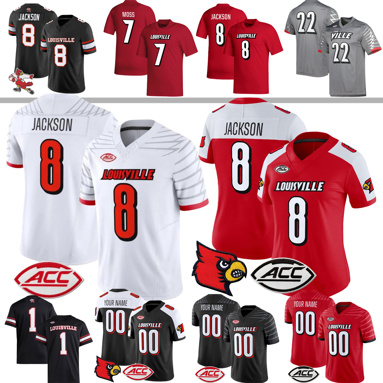 Louisville Football Jersey College Lamar Jackson Miller Moss Isaac Brown Chris Bell Clev Lubin Guerad Bailey Allen Quinn Konga Beadles Capers Evans Jr. Skinner Youth