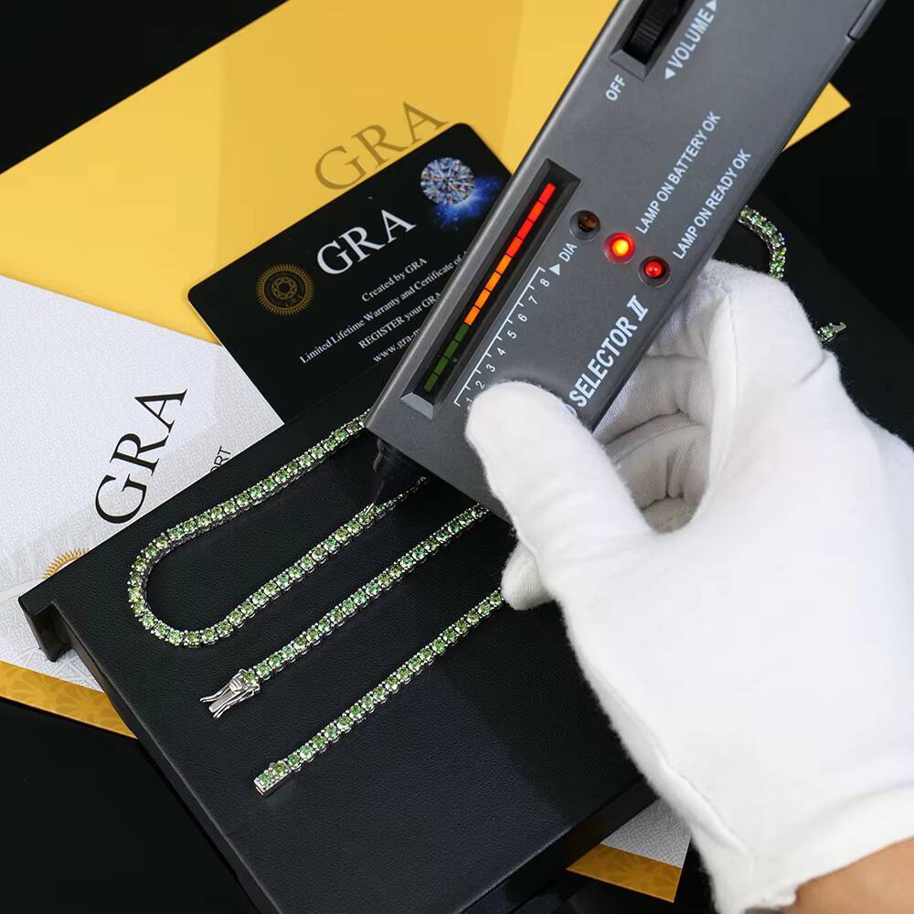 Hip Hop Jewelry 925 Silver Necklace Rhodium Plated Round Brilliant Cut Green Original Color Moissanite Tennis Link Chain