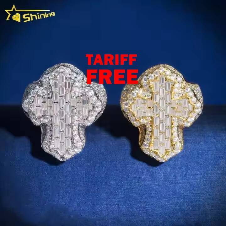 Hip Hop Fashion Iced Out Vvs Moissanite Cross Engagement 925 Sterling Silver Men Diamond Ring