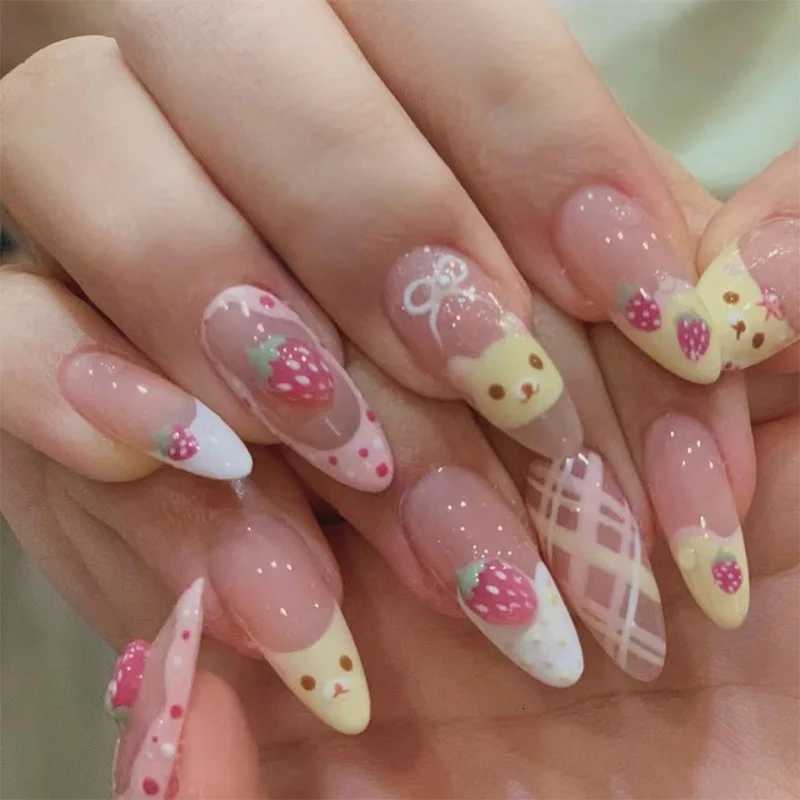 10pcs Almond Press On Nails With Pink Strawberry Bear Design Acrylic False Nails Cute French Full Cover Nail Tips Summer Girl NeT251118T251119