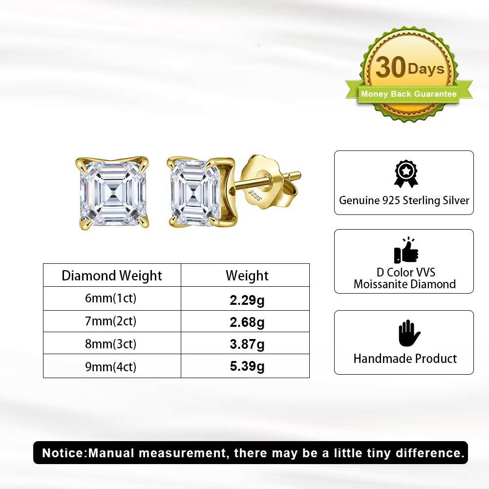 RINNTIN SMOE05 Fine Jewelry Princess Cut Single Diamond Ear Studs VVS Moissanite 925 Sterling Silver Stud Earring for Men Women