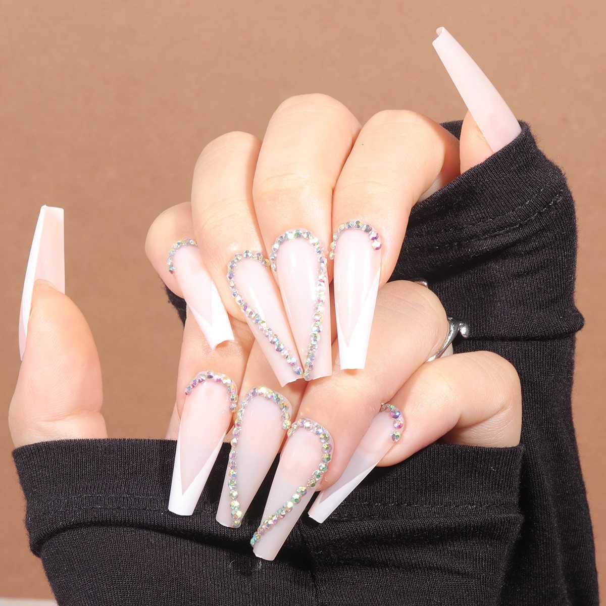 Transform Your Nails with 24pcs Long Coffin White French 3D Rhinestone Decor Fake NailT251118T251119