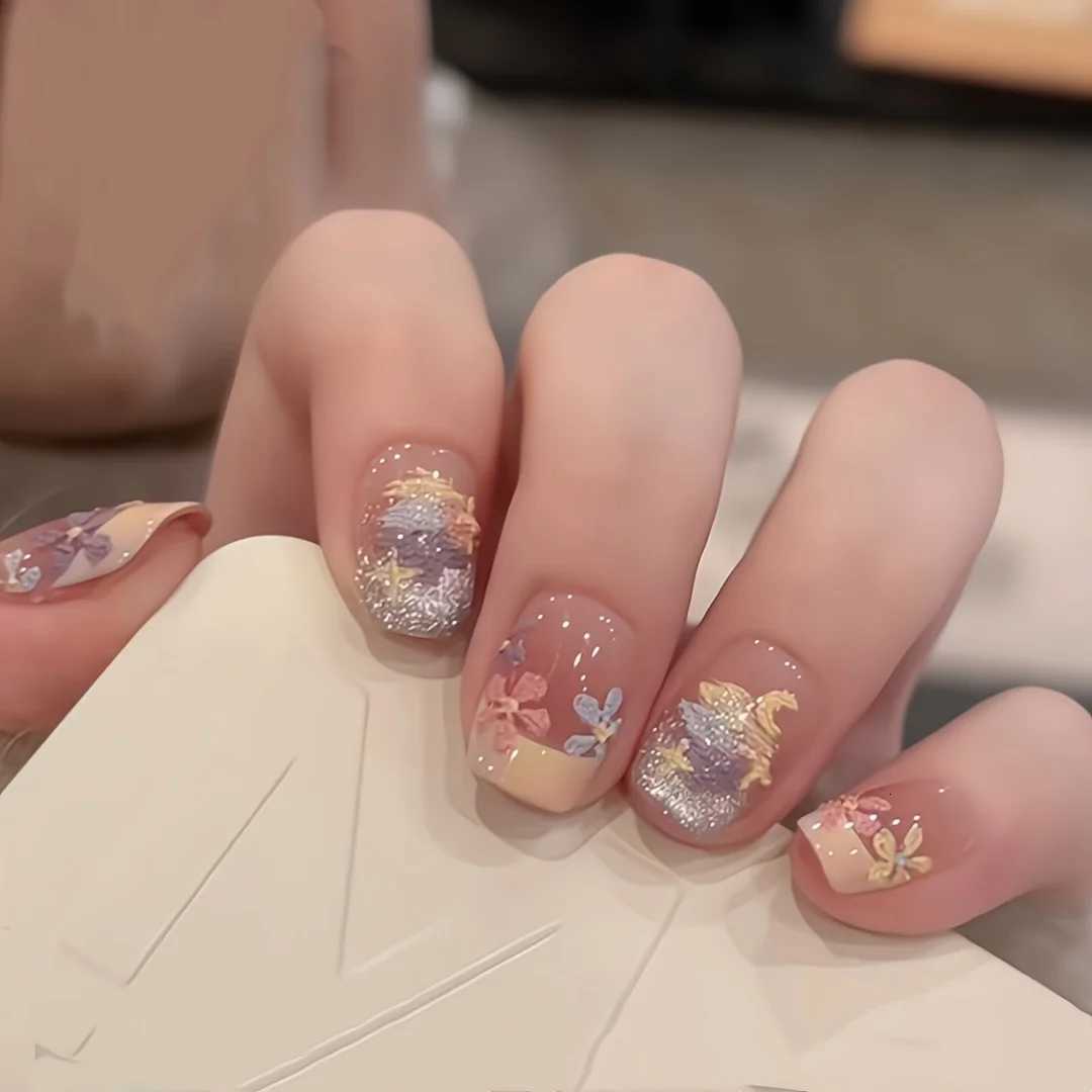 10pcs Handmade Press on Nails SpringSummer Oil Painting Dopamine Cream Small Flowers Fake Nail for WomenGirl Removable NailT251118T251119