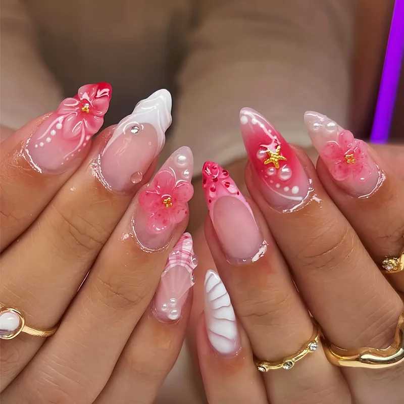 24pcs/set French Almond Press on Nails Pink Flower Fake Nails Spicy Girls False Nail Artificial Tips UasT251118T251119