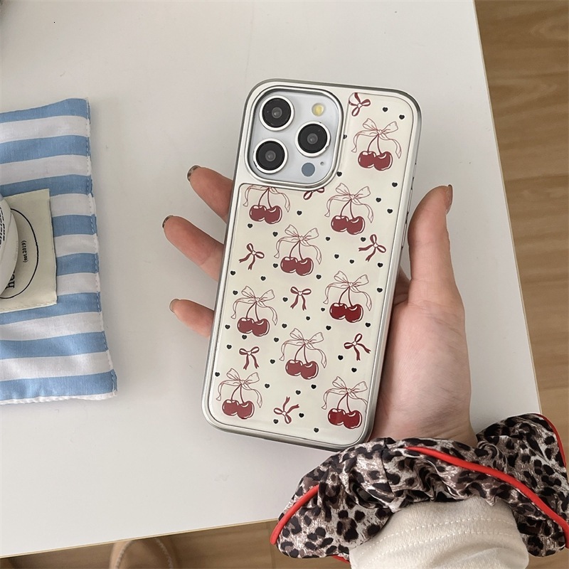 Bowknot Cherry Phone Case Compatible with iPhone 16 Pro Max Silver Edge Protective Case iPhone 15/14/13 Pro